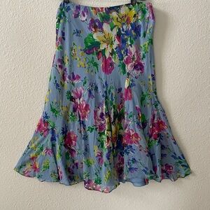LAUREN Ralph Lauren Blue Periwinkle Floral Bias Cut Silk Skirt Size 1X